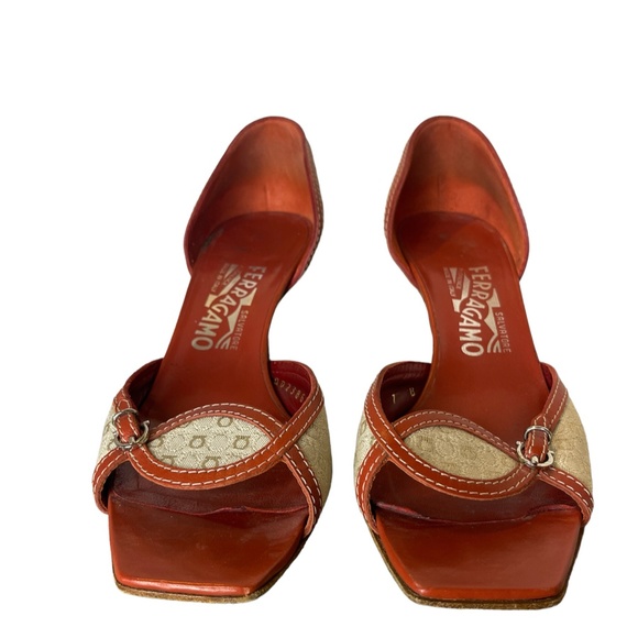 Salvatore Ferragamo Kitten Heel Open Toe Red Leather Fabric Women's Size 7 - Picture 2 of 8